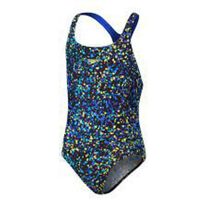 Speedo Girls Allover Medalist Swimsuit Black/Cobalt/Lemon