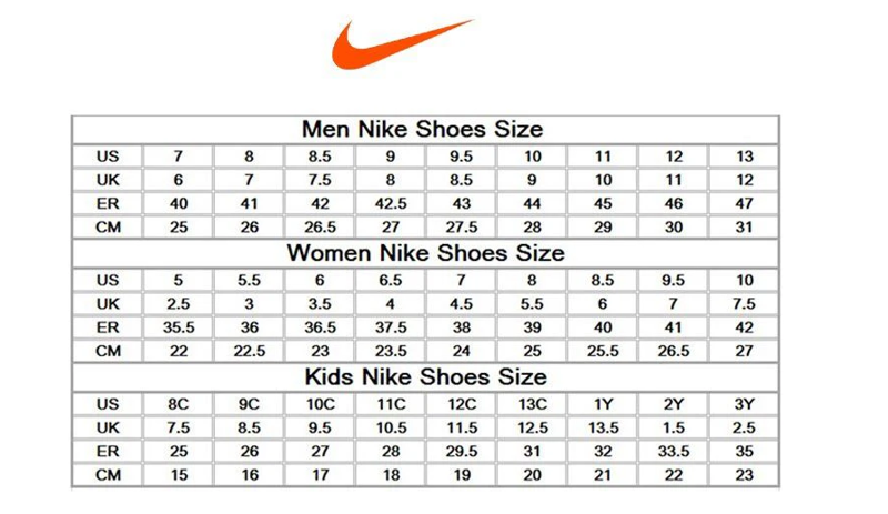 size chart nike running shoes