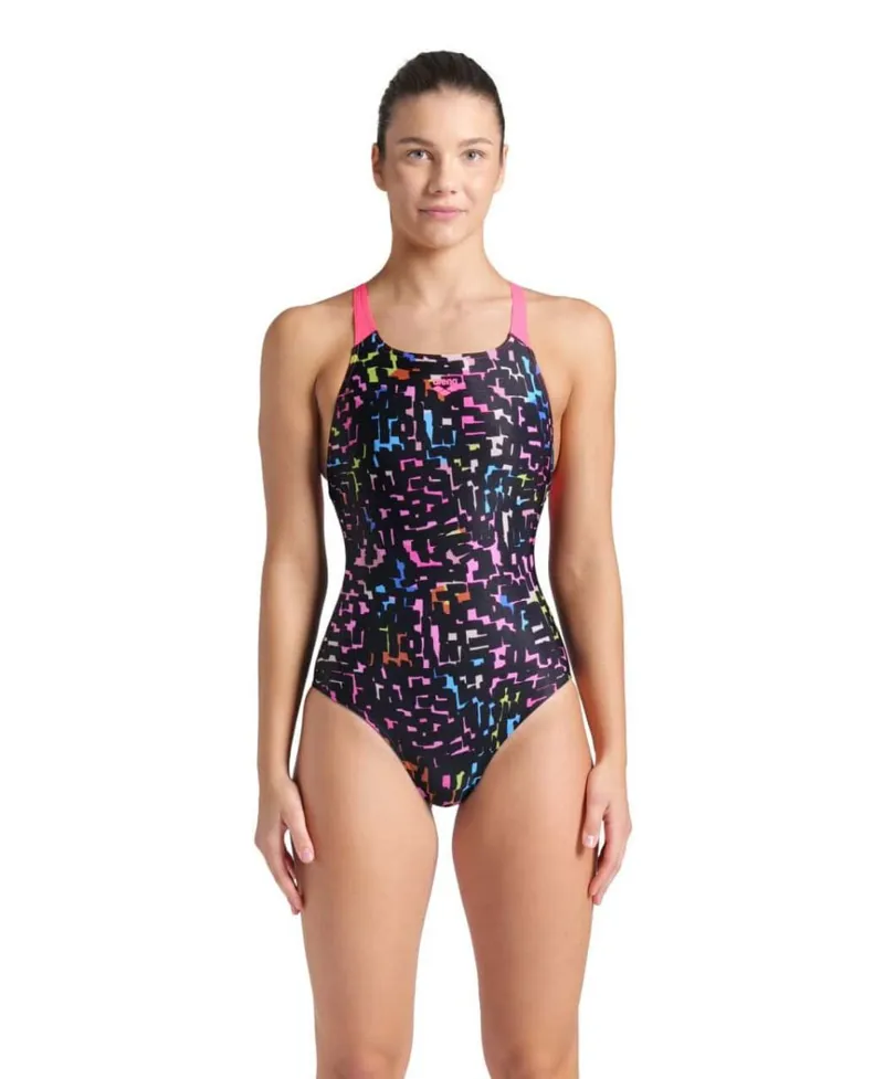 Arena Women's Mosaic Pro Back One Piece Swimsuit Black/Shocking Pink-4