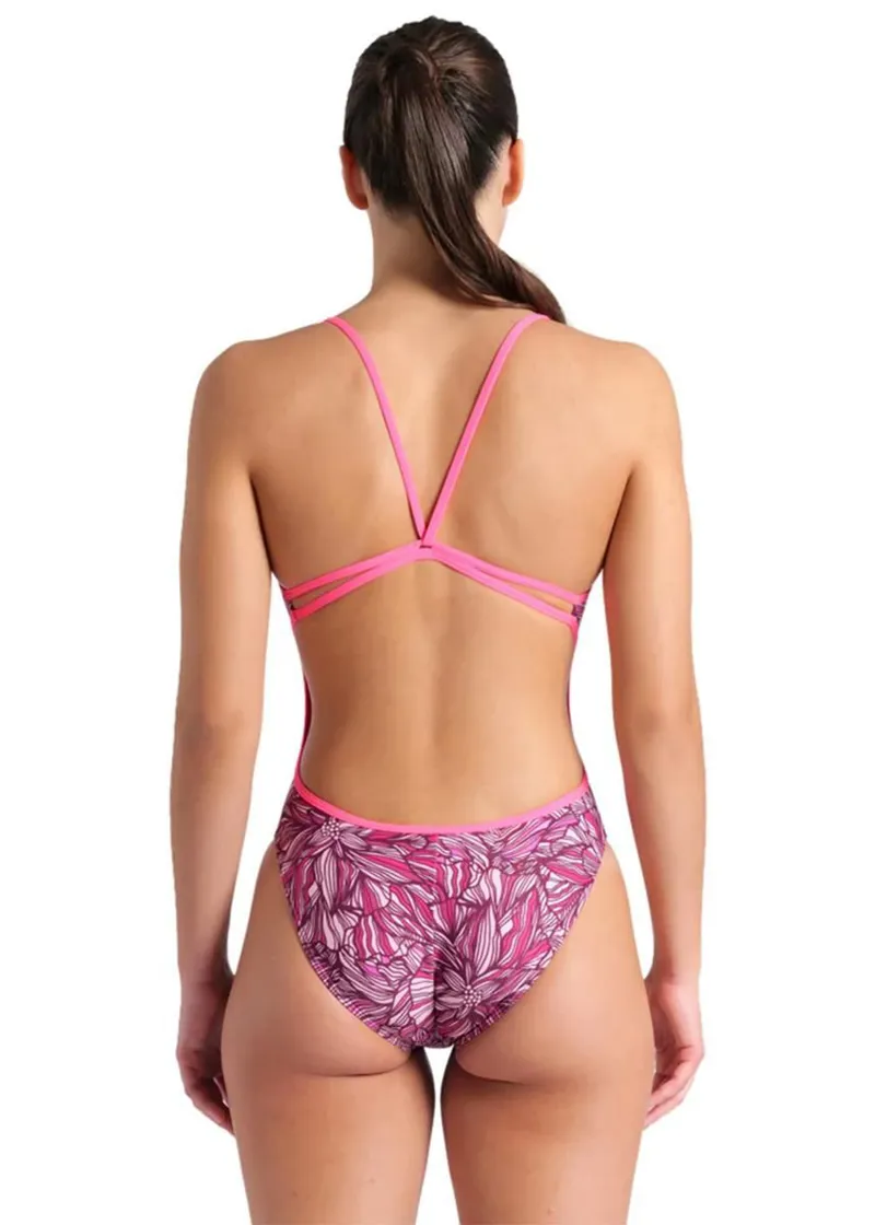 Arena Women's Pink Dahlia Lace Back Swimsuit Shocking Pink-2