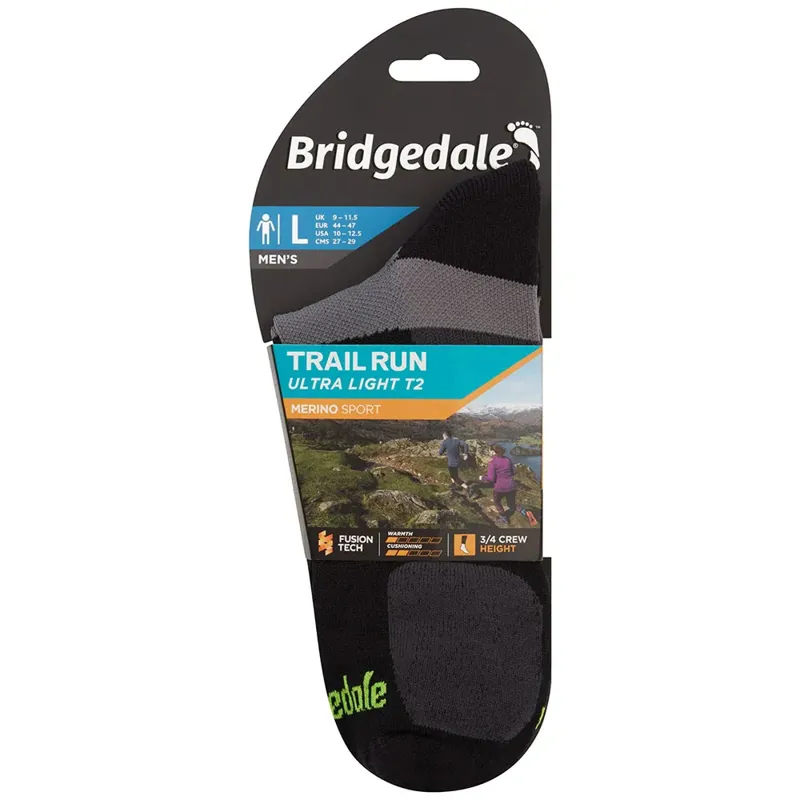 Bridgedale Men's Trail Run Lightweight T2 Merino Sport 3/4 Crew Socks Shade Black-3