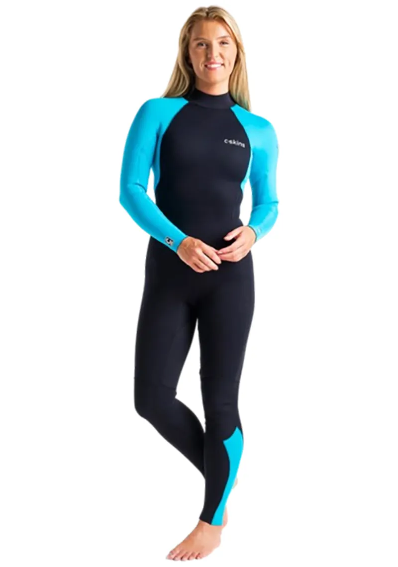 C-Skins Women's Surflite 3:2mm GBS Back Zip Steamer Wetsuit Raven Black/Bright Cyan-7