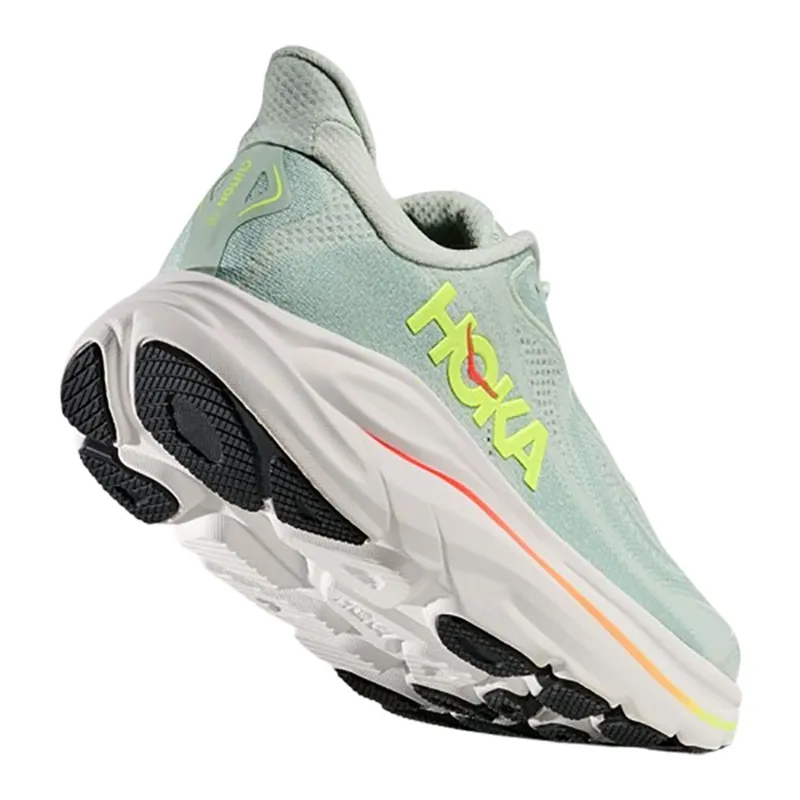 Hoka One One Women's Clifton 10 Wide Sea Glass/Neon Flame-4