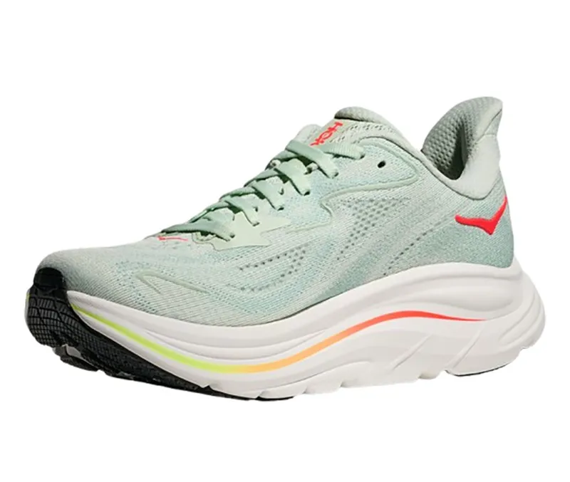 Hoka One One Women's Clifton 10 Wide Sea Glass/Neon Flame-3