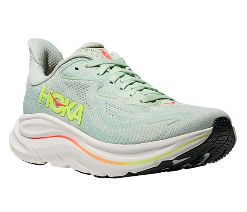 Hoka One One Women's Clifton 10 Wide Sea Glass/Neon Flame-2