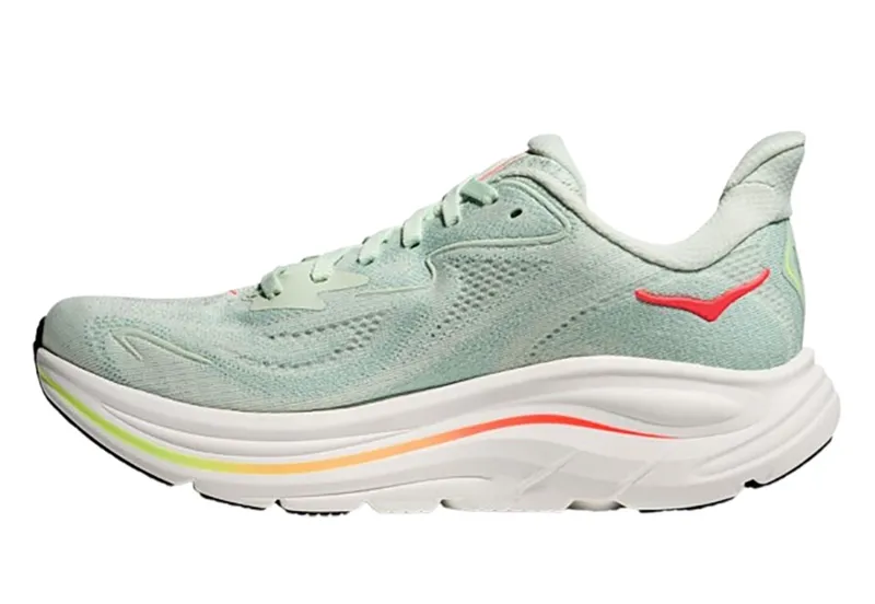 Hoka One One Women's Clifton 10 Wide Sea Glass/Neon Flame-1