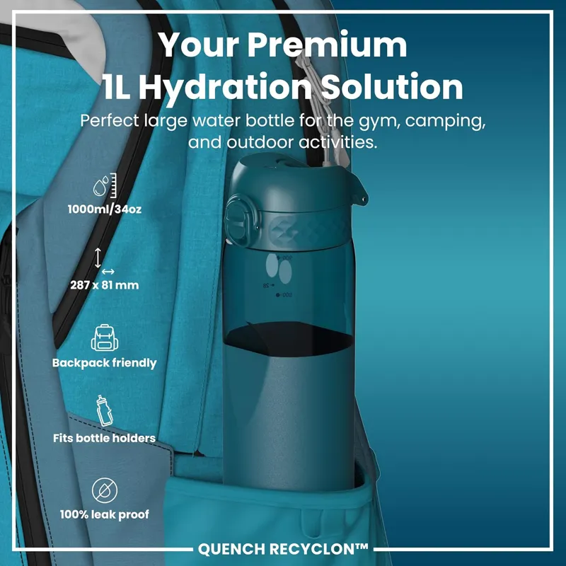 Ion8 Quench Water Bottle 1000ml Deep Teal Clear-1