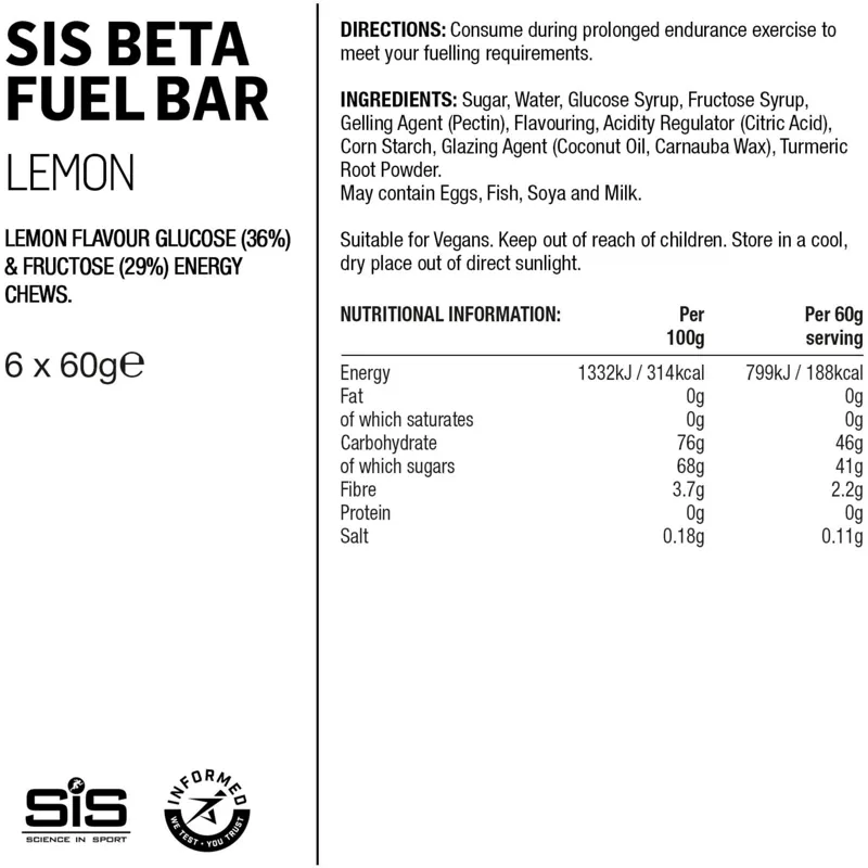 Science In Sport Beta Fuel Energy Chew Box of 6 x 60g Lemon-1
