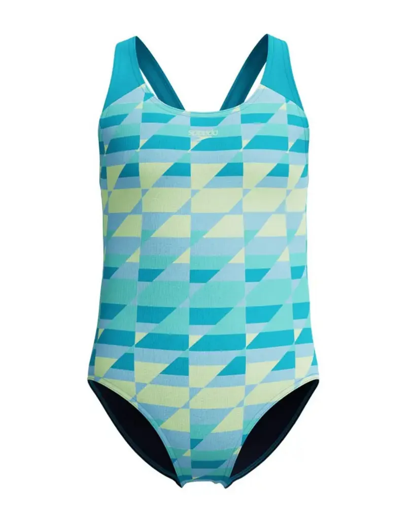 Speedo Girls Allover Printed Splashback Swimsuit Blue/Light Green