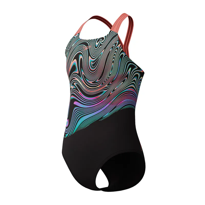 Speedo Girls Digital Placement Powerback One Piece Swimsuit Neon Coral