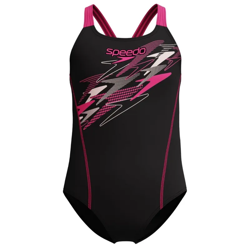 Speedo Girls Medley Logo Medalist Swimsuit Black/Pink-2