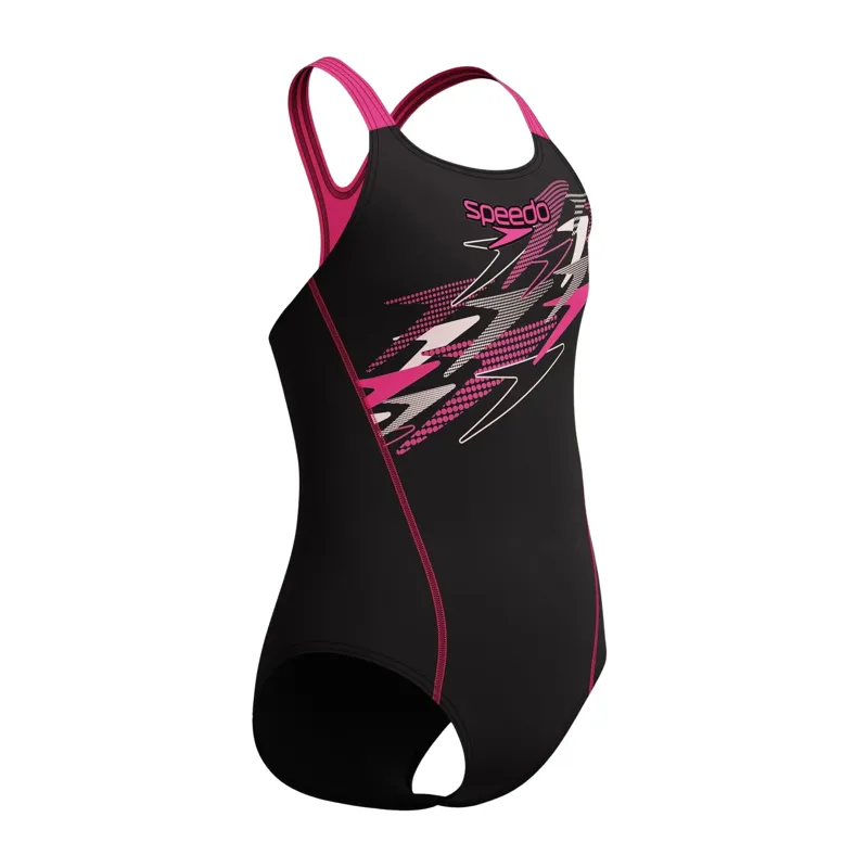 Speedo Girls Medley Logo Medalist Swimsuit Black/Pink-1