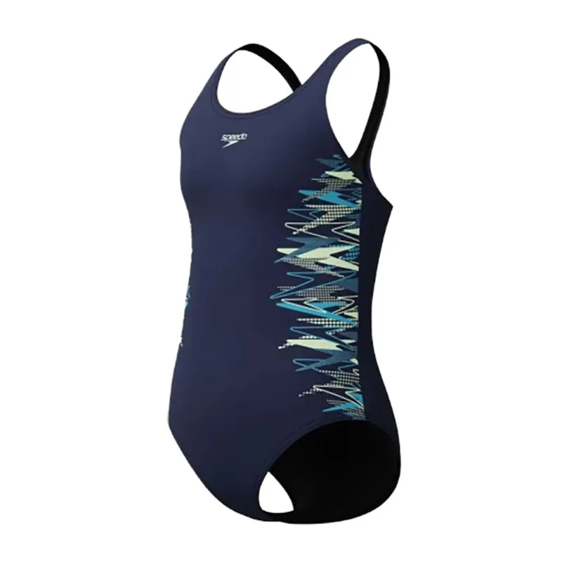 Speedo Girls Placement Muscleback Swimsuit Navy/Green-2