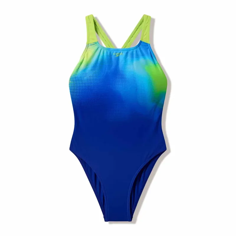 Speedo Girls Print Powerback Swimsuit Night Watch/Citrus Green