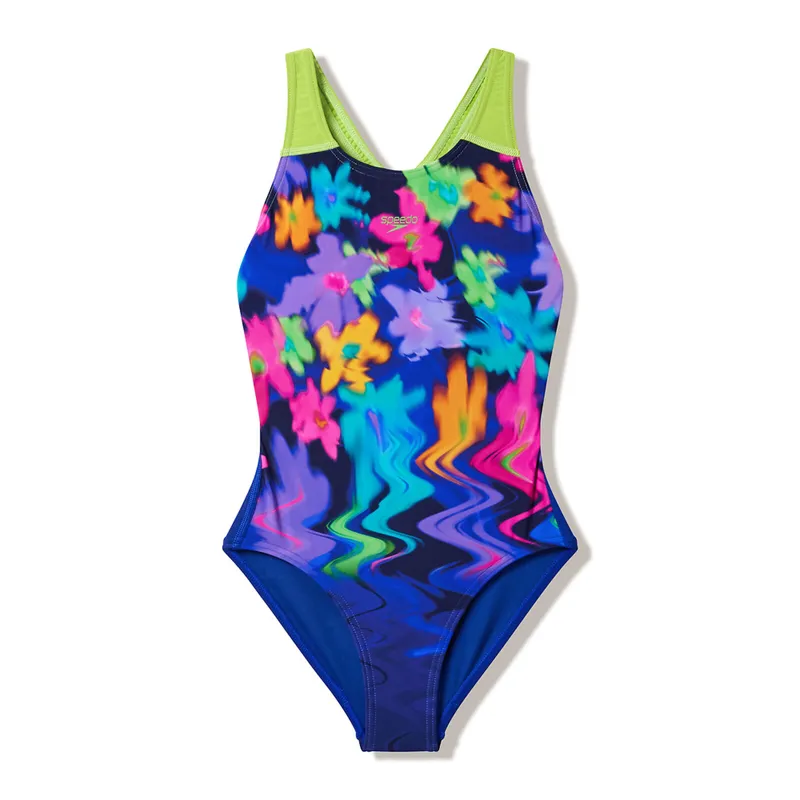 Speedo Girls Print Splashback Swimsuit Night Watch/Citrus Green
