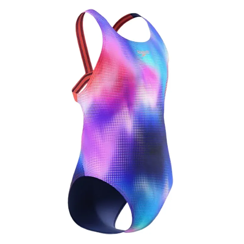 Speedo Girls Printed Leaderback Swimsuit Post It Pink-1