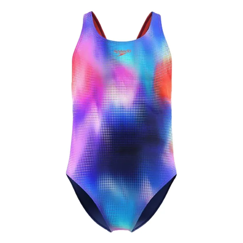Speedo Girls Printed Leaderback Swimsuit Post It Pink