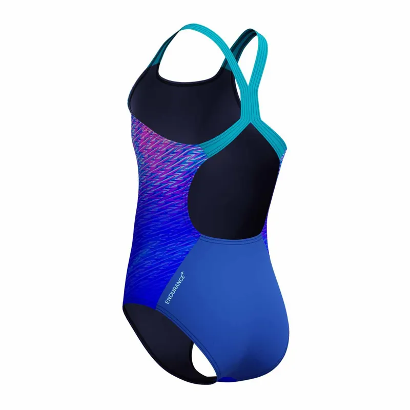 Speedo Girls Printed Powerback Swimsuit Blue/Turquoise/Pink-6