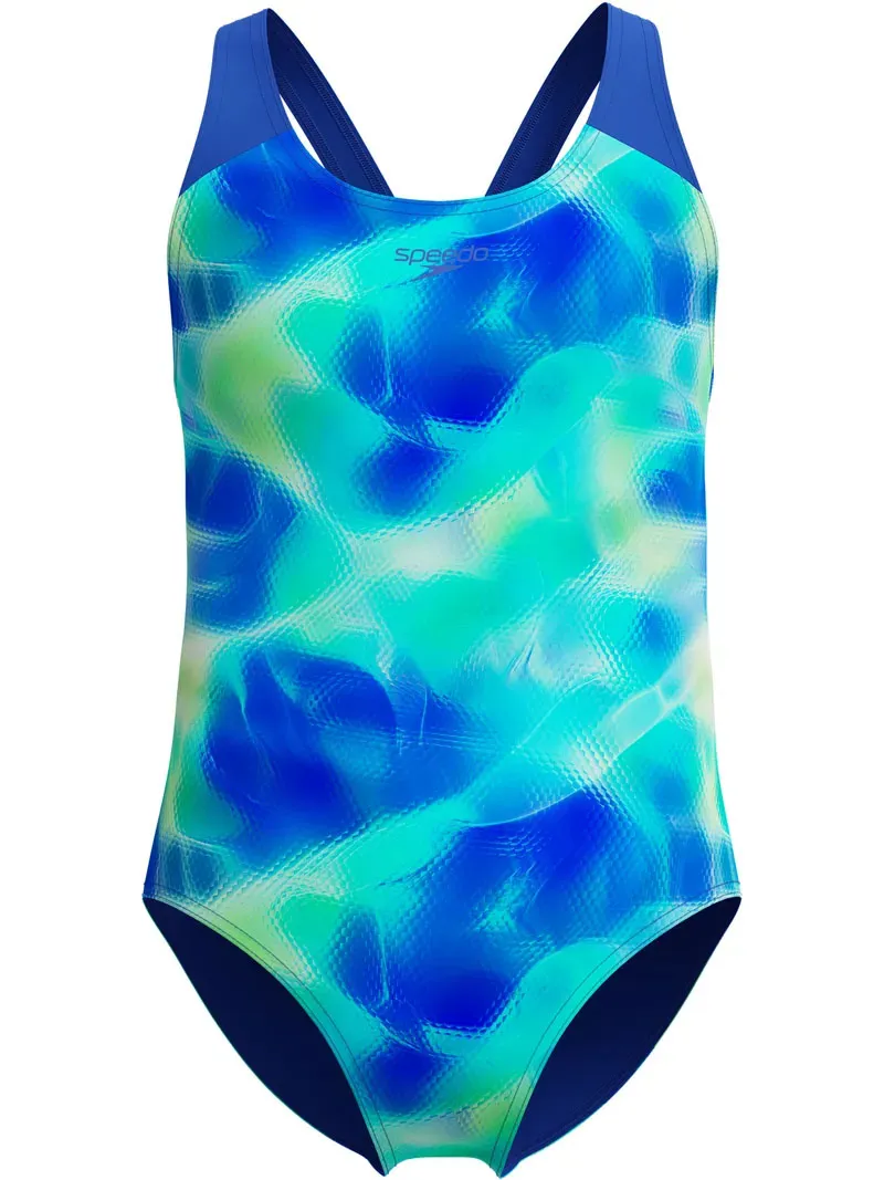 Speedo Girls Printed Splashback Swimsuit Blue/Green