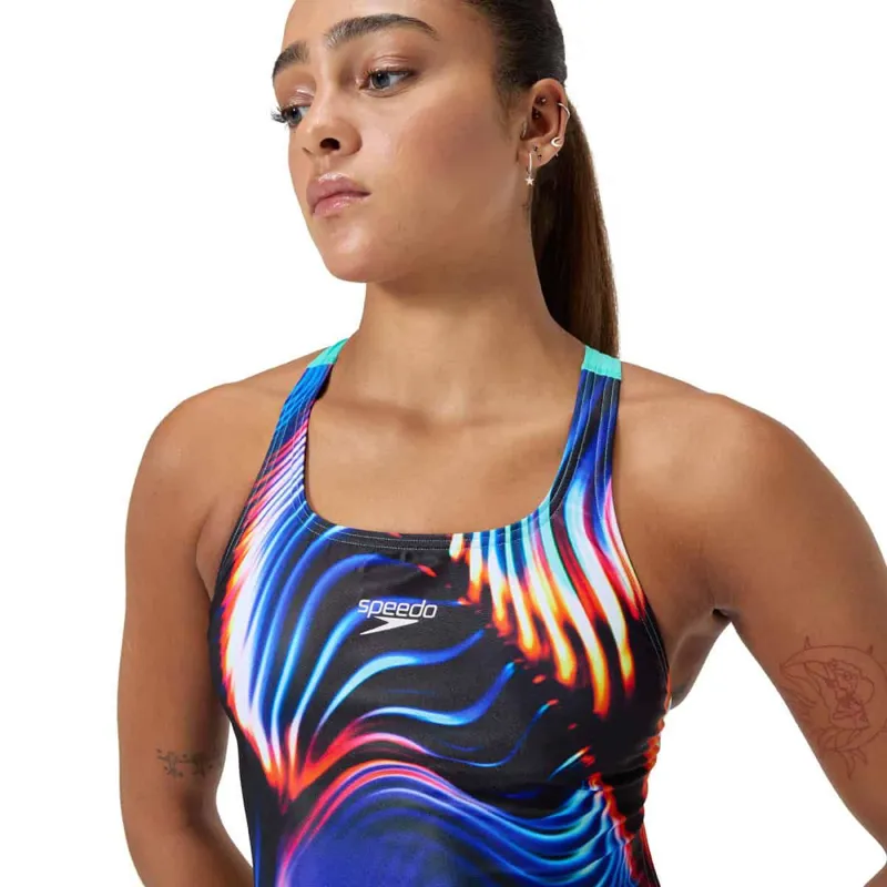 Speedo Women's Allover Printed Leaderback Swimsuit Lava Blur/Black-8