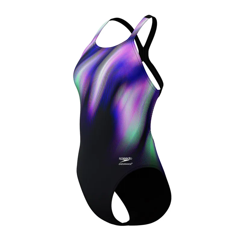 Speedo Women's FL Placement Printed Powerback Swimsuit Blurry Glass/Black