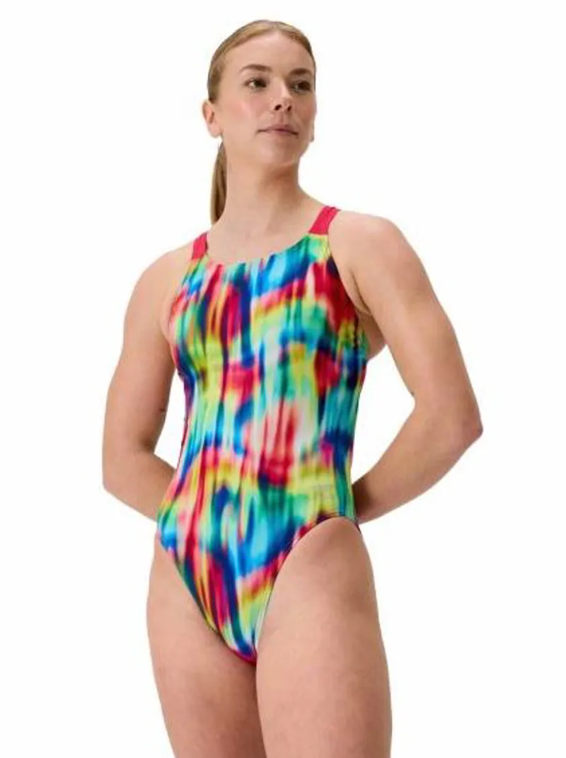 Speedo Womens FL Printed Leaderback Swimsuit Prismatic Paradise/Ruby