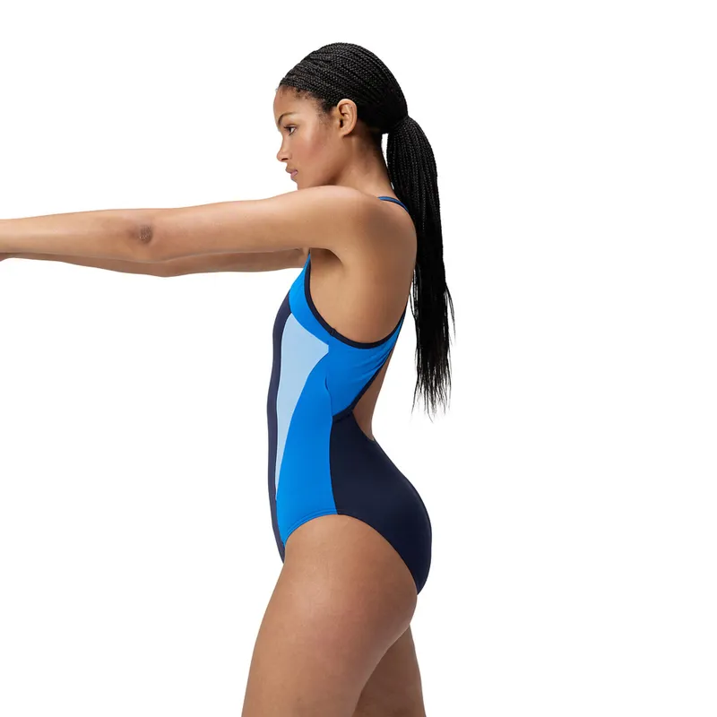 Speedo Women's High Neck Splice Cross Back One Piece Swimsuit Lagoon Blue-5