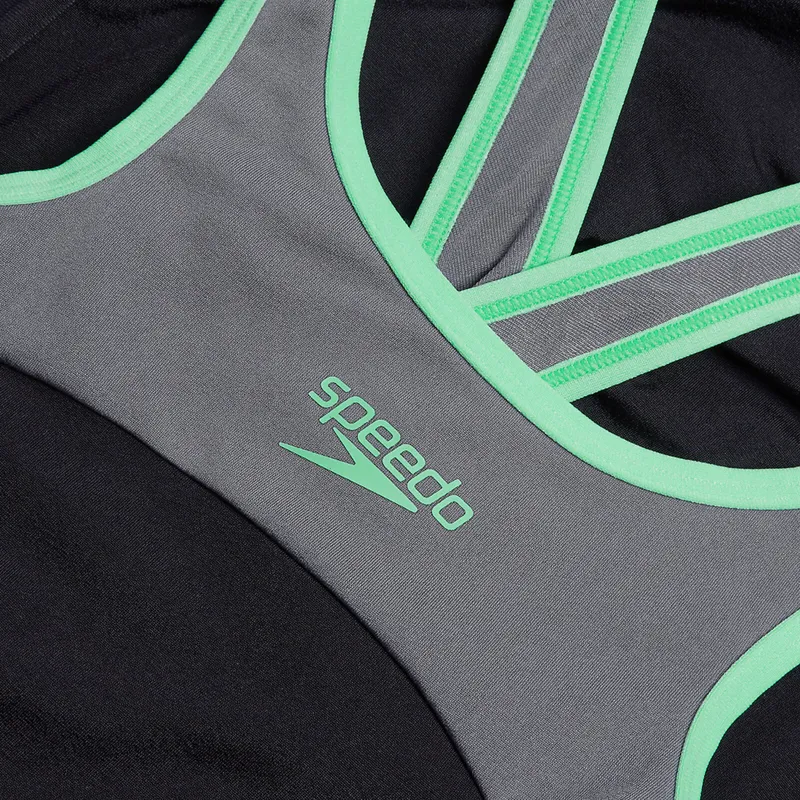 Speedo Women's High Neck Splice Cross Back Swimsuit Black/Green-8