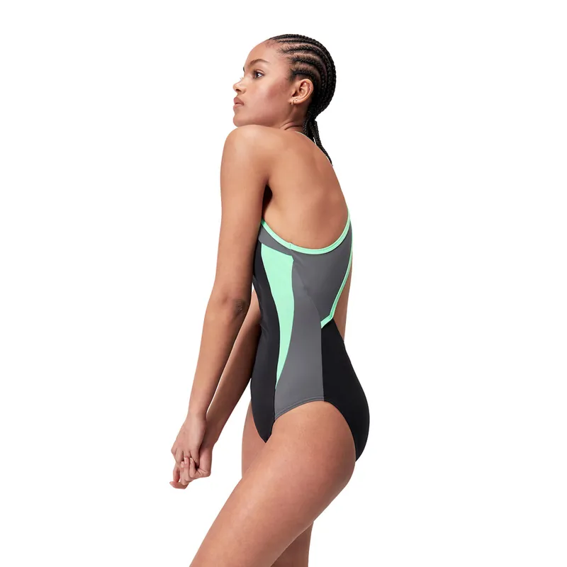 Speedo Women's High Neck Splice Cross Back Swimsuit Black/Green-4