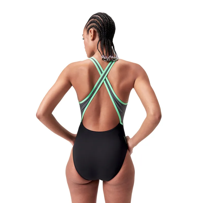 Speedo Women's High Neck Splice Cross Back Swimsuit Black/Green-3