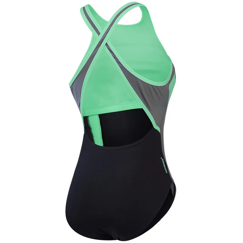 Speedo Women's High Neck Splice Cross Back Swimsuit Black/Green-1