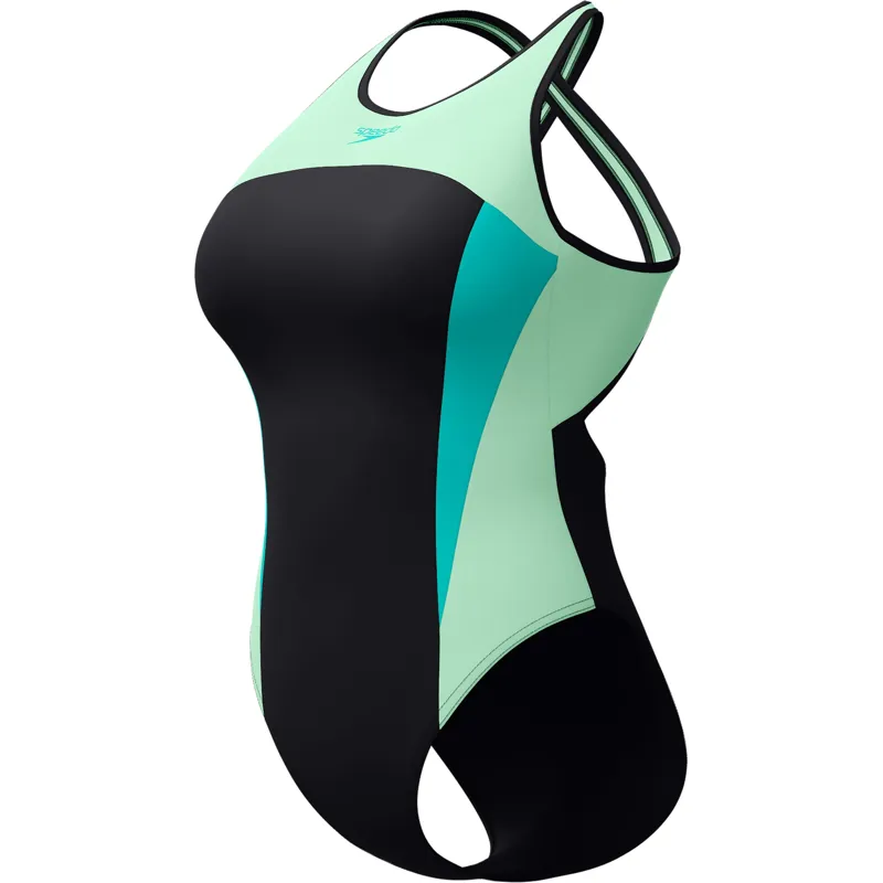 Speedo Women's High Neck Splice Cross Back Swimsuit Turquoise Gem-1