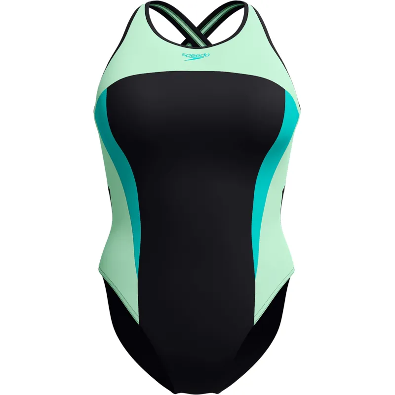 Speedo Women's High Neck Splice Cross Back Swimsuit Turquoise Gem