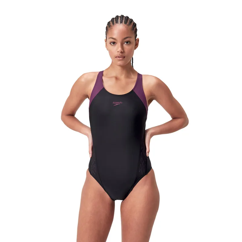 Speedo Women's Hyperboom Splice Racerback One Piece Swimsuit Black/Plum-2