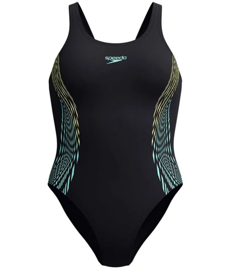 Speedo Women's Placement Muscleback Swimsuit Black/Hyper Yellow