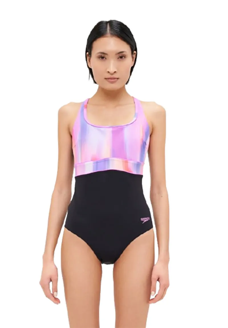 Speedo Women's Shaping Contour Eclipse Printed Swimsuit Neon Violet-1