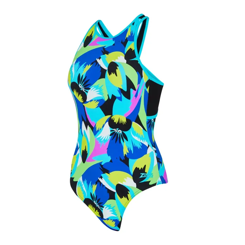 Zoggs Ladies Silver Lined Crossback Swimsuit Florish Blue