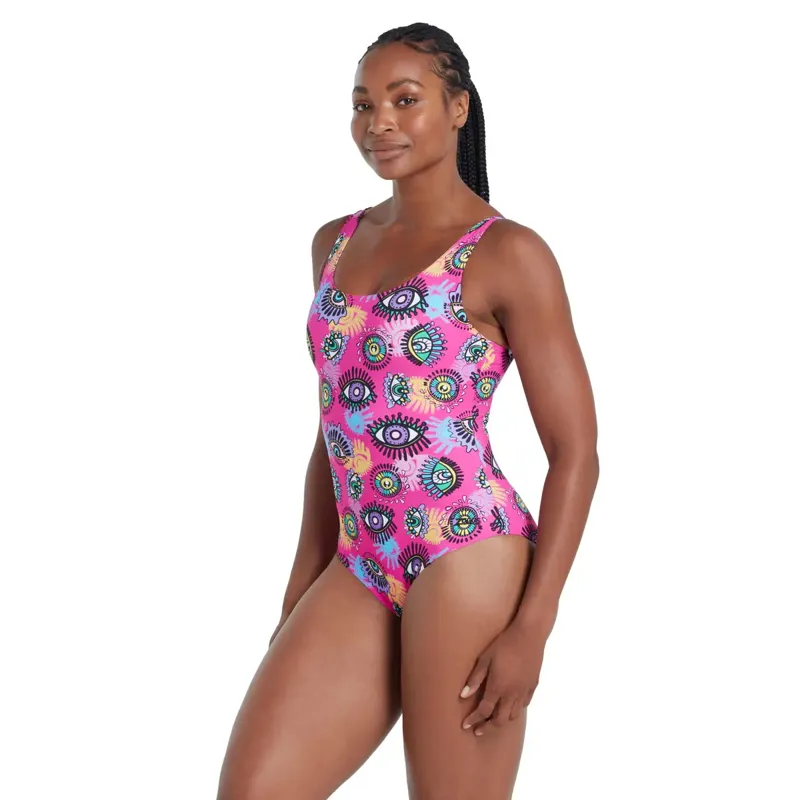 Zoggs Ladies Silver Lined Scoopback Swimsuit Look Inside Magenta-5