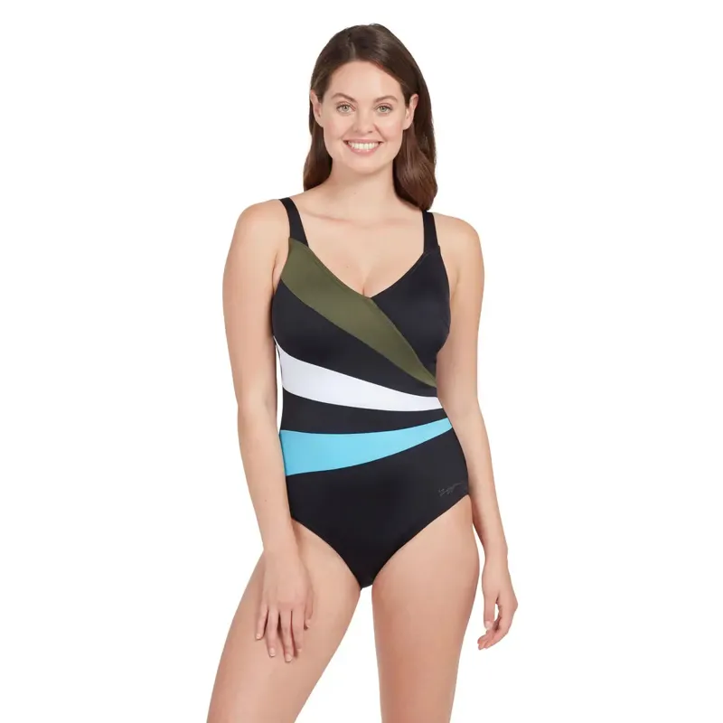Zoggs Women's Wrap Panel Adjustable Classic Back Swimsuit Khaki/White/Blue-4