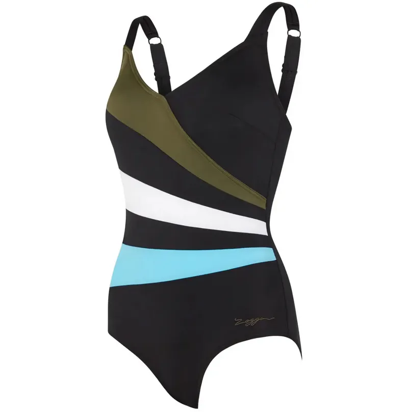 Zoggs Women's Wrap Panel Adjustable Classic Back Swimsuit Khaki/White/Blue