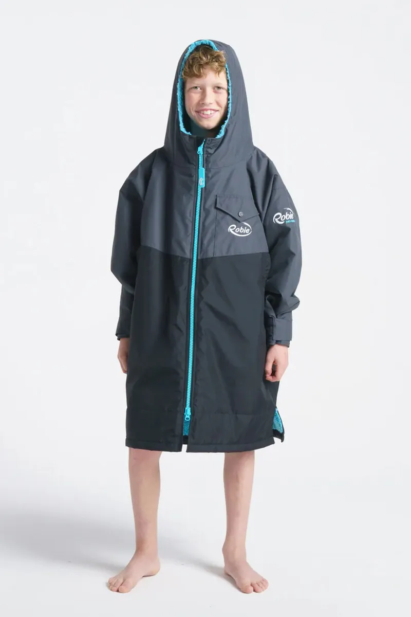 Robie Robes: Junior Dry Series Recycled Long Sleeve Changing Robe - Black Charcoal/Blue Atoll-1