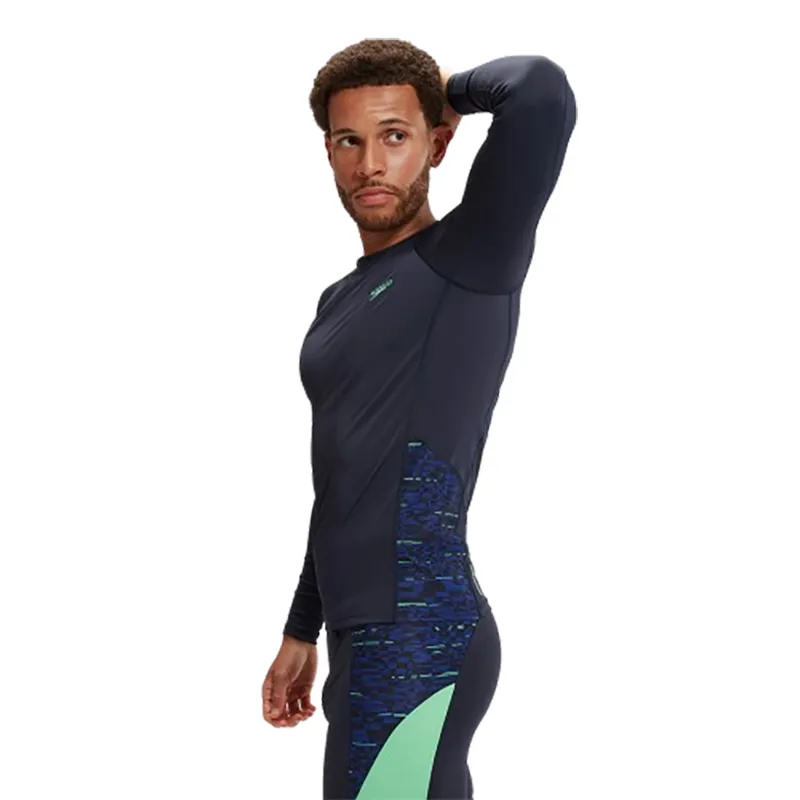 Speedo Men's End+ Splice Rash Top Navy/Green-3