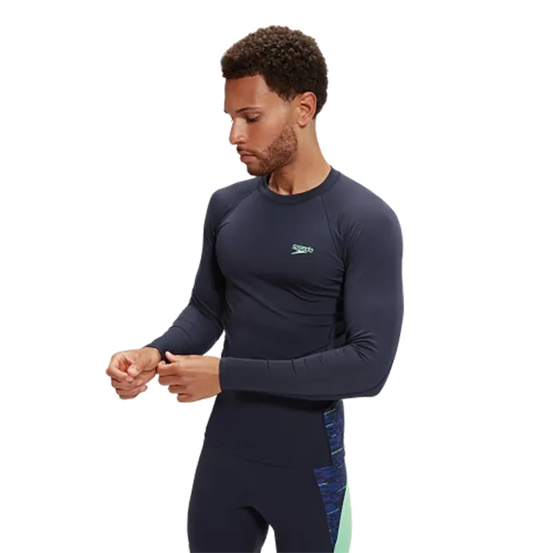 Speedo Men's End+ Splice Rash Top Navy/Green-2